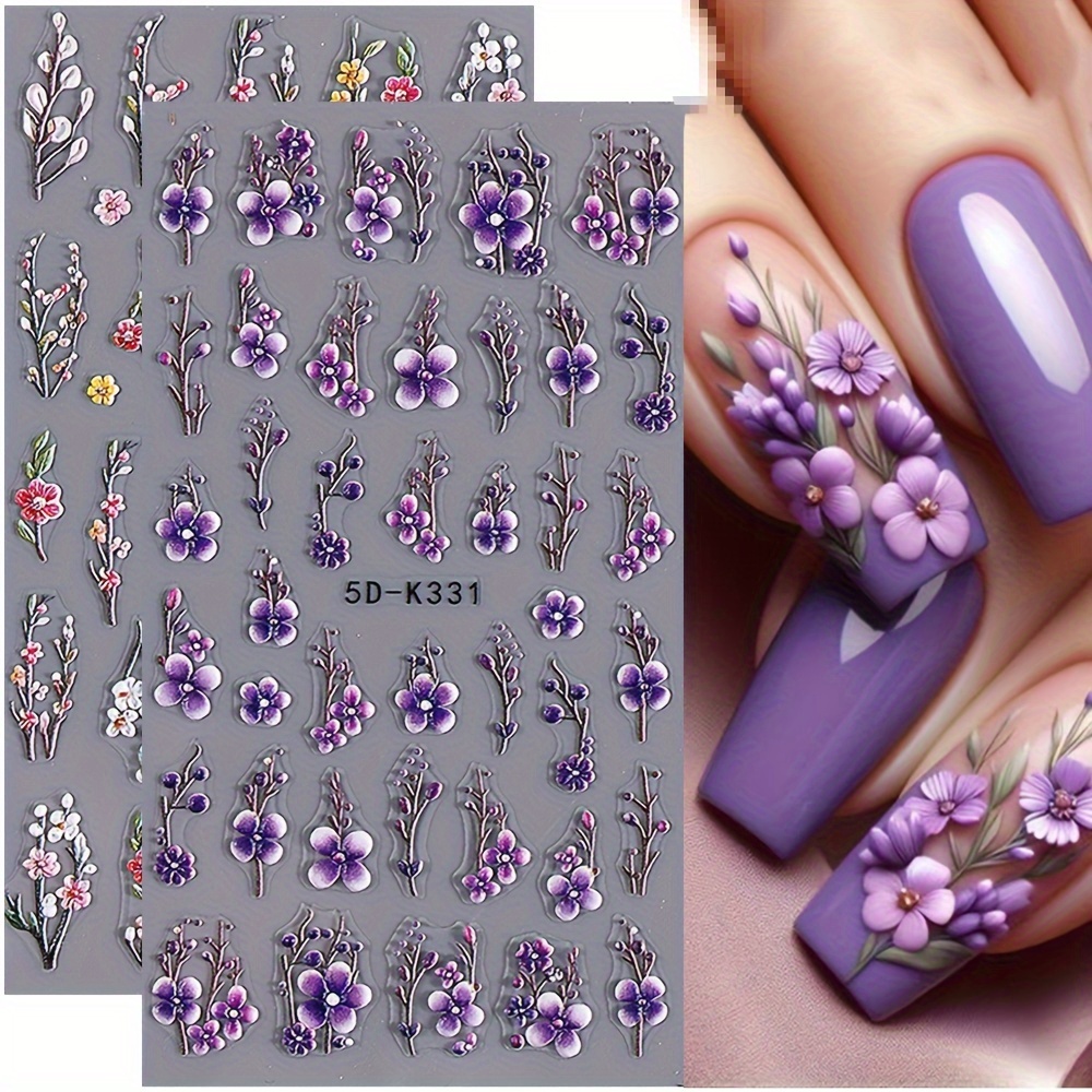 

2pcs 5d Floral Nail Art Stickers - Purple & Pink Flowers, | Realistic Self-adhesive Decals For Diy Manicure | Fragrance-free, Reusable Plastic Embellishments, Nail Stickers