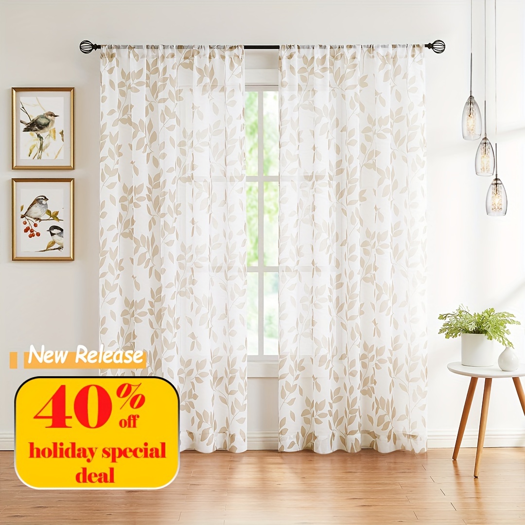 2pcs leaf printed   sheer curtain rod pocket window treatment for bedroom office   room study home decor details 0