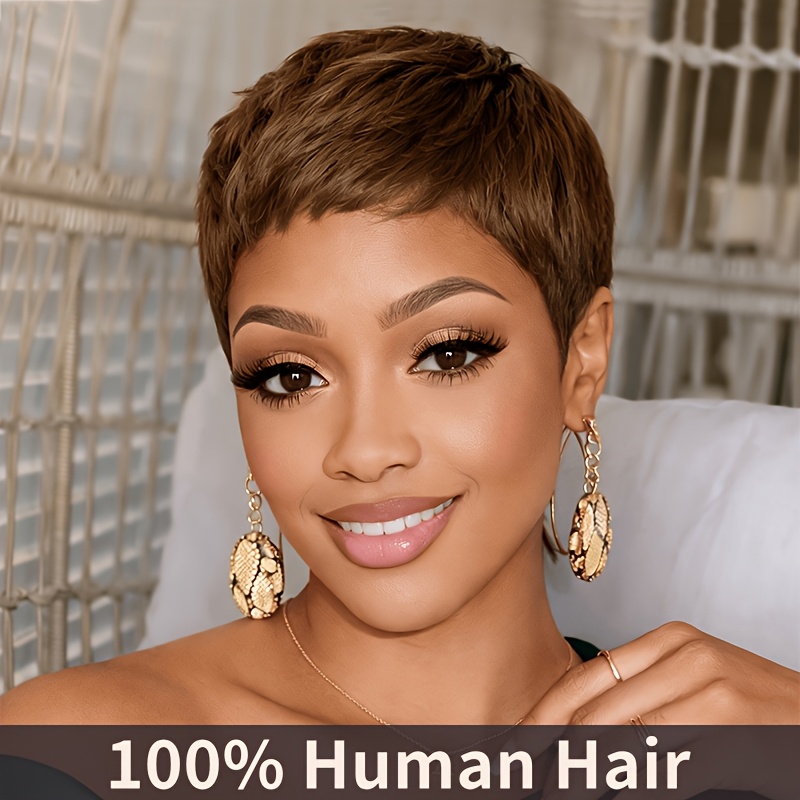 Dark Brown Real Human Hair Wig Straight Layered Boycut With Bangs Natural Looking