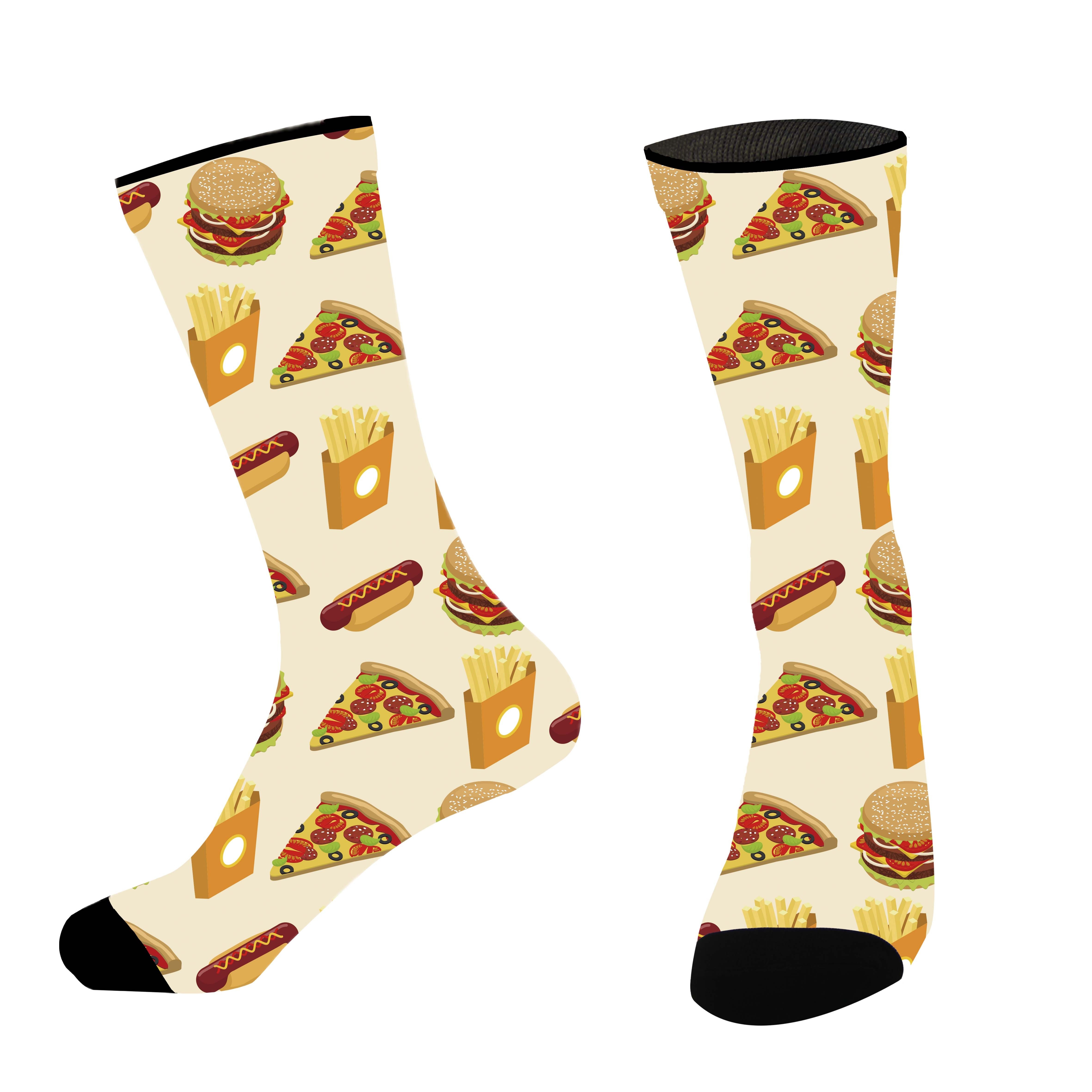 

Funny And Socks For Men Featuring Yellow Background With Hamburgers And Fries, Retro Hip-hop Style, Creative Seamless Mid-calf Design, Perfect As A Quirky Gift.