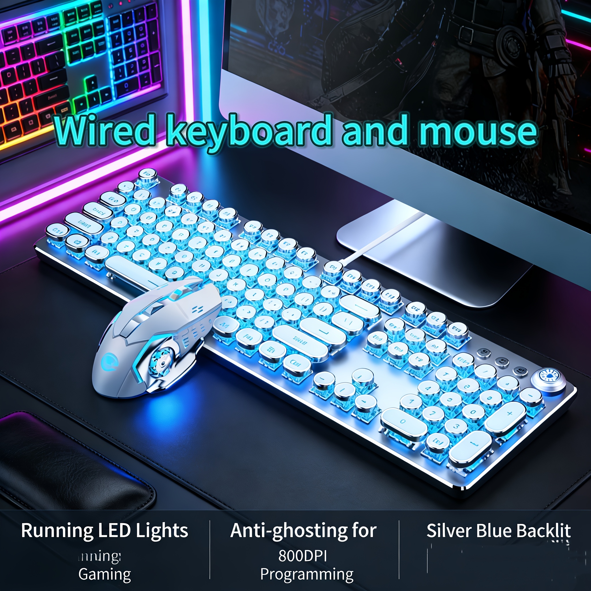 TEMU Vintage Punk Wired Full Mechanical Keyboard And Mouse Set, Floating Round Keycaps, Tactile, Clicky, Blue Switch, Multimedia Knob, For Gaming,