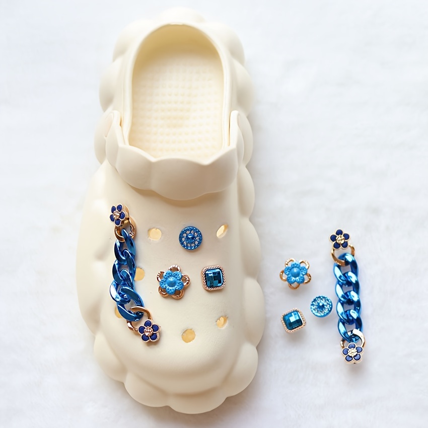 

8-piece Blue Flower & Chain Shoe Charms Set - Fashionable Abs Decorative Accessories For Clog Sandals