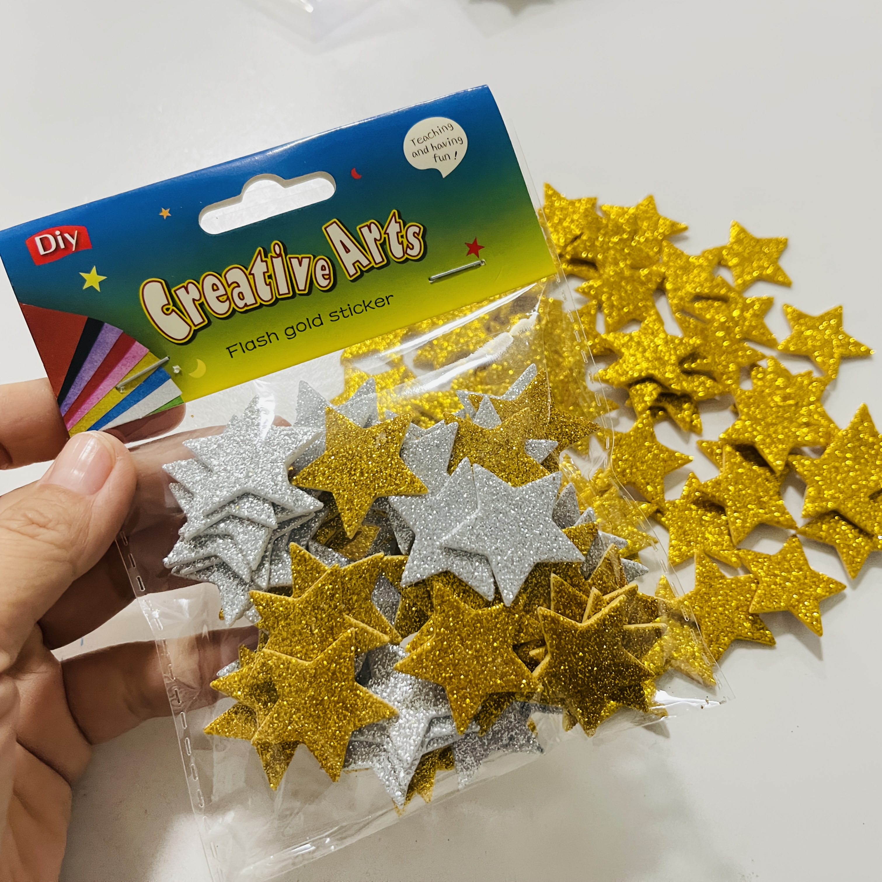 Image of 120pcs Golden And Silvery Glitter Foam -adhesive Stickers Christmas Star For Scrapbooking, Card Making, And Halloween, Thanksgiving, Valentine's Day Party Decorations Christmas Gift X'mas Gift