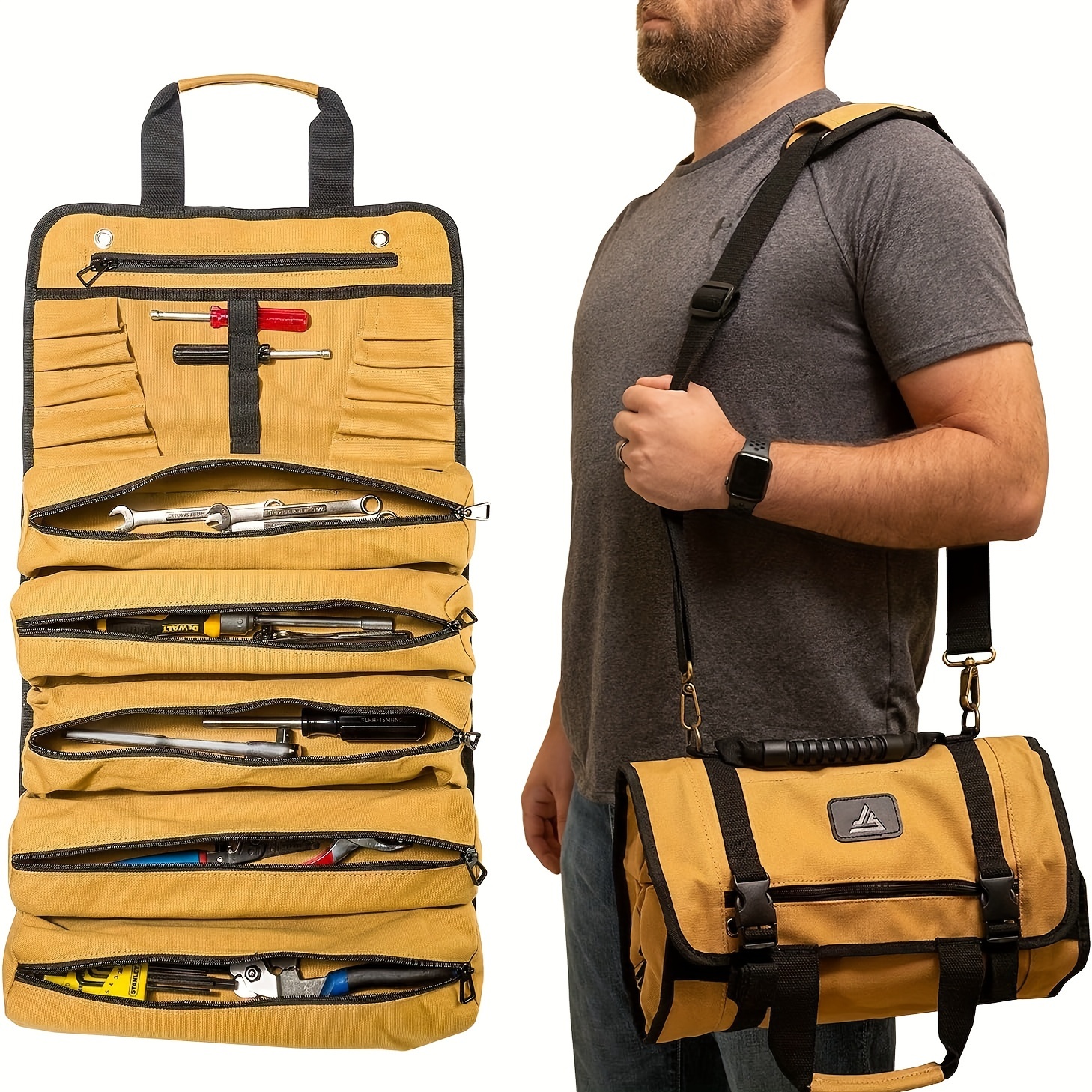 

Tool Roll Up Bag - 18oz Heavy Duty Canvas - Portable Motorcycle Tool Roll Pouch With 17 Pockets, Multi- Wrench Tool Organizer For Electrician, Brown