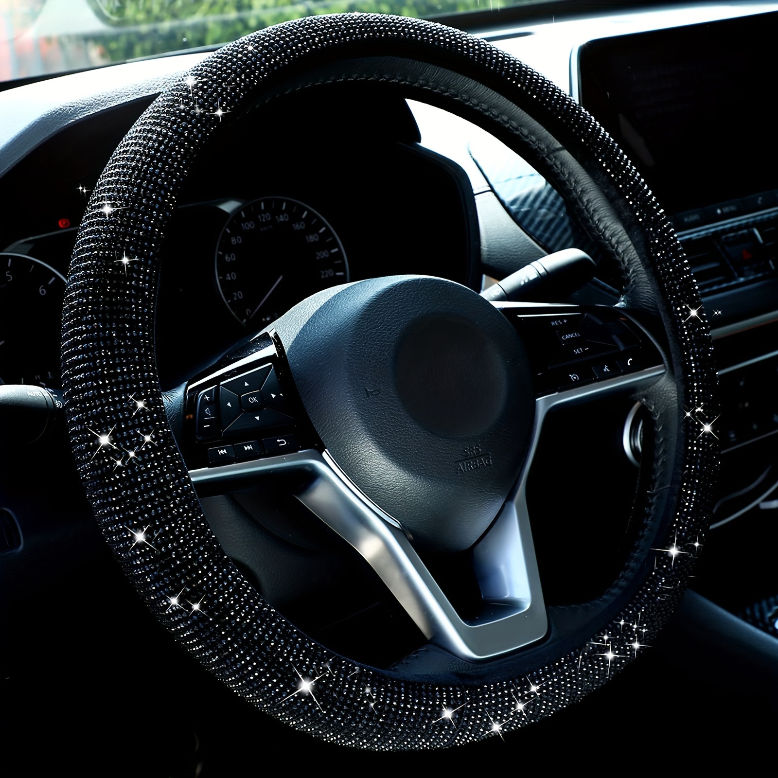 bling diamond steering wheel cover fabric universal fit 14 15 inch with crystal rhinestones anti   breathable for car accessory