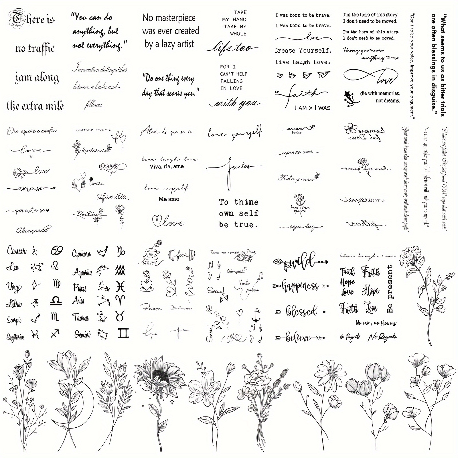 Image of 30pcs Inspirational & Floral Temporary Tattoos - Waterproof, Realistic Letter & Flower Designs For - Versatile Body Art Stickers With Positive Messages