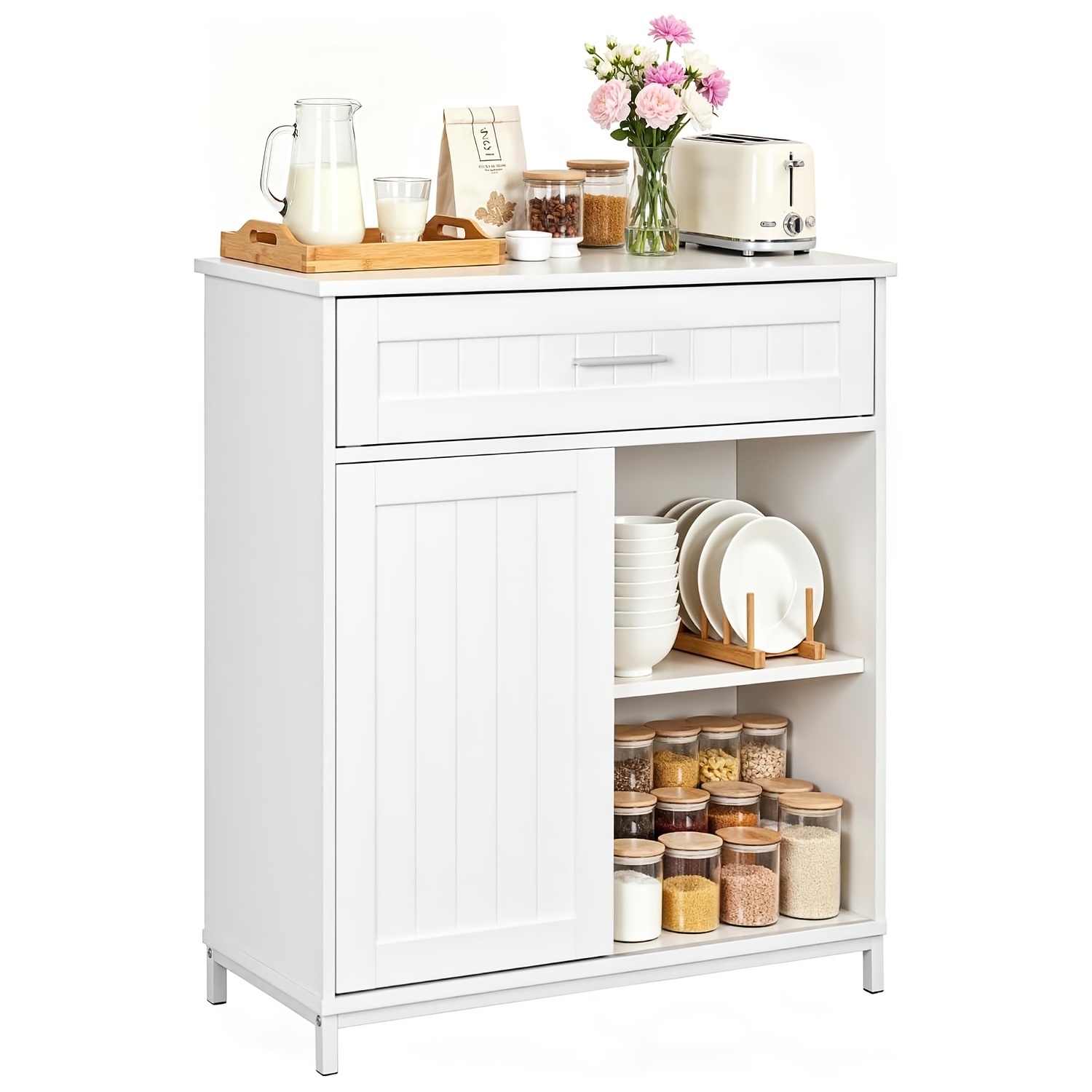 Image of 1pc Sideboard With Countertop And Kitchen Storage, Sliding Doors, Drawers, And Adjustable Shelves; Multi-functional Storage Cabinet (suitable For Kitchen/dining Room/living Room) 70×80.2×30cm