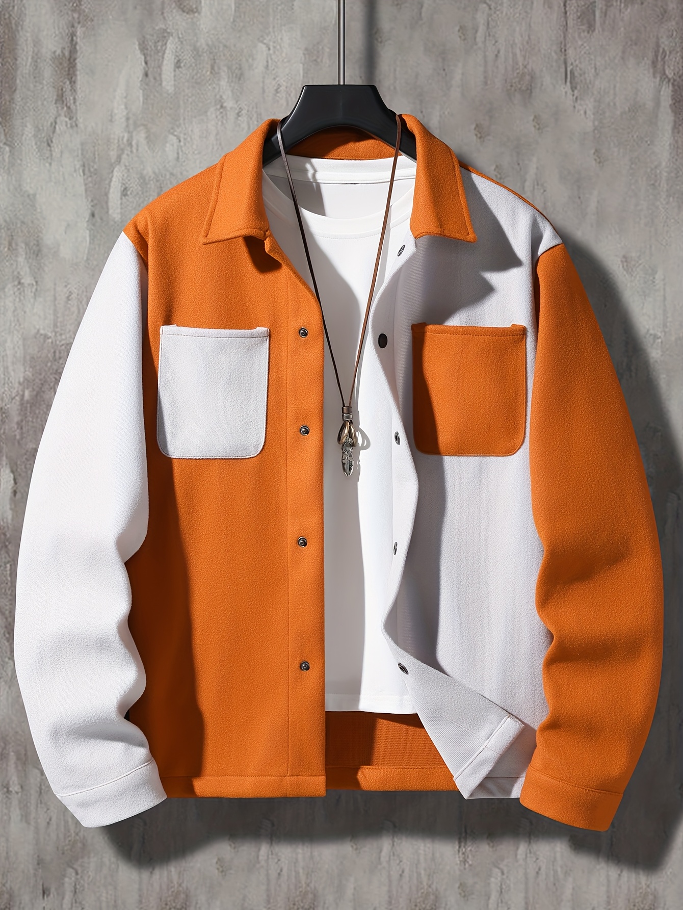 Men's Color Block Corduroy Jacket - Casual Winter Coat with Pockets, Button-Up Front, Orange & White Design, Snap Closure, Polyester Material