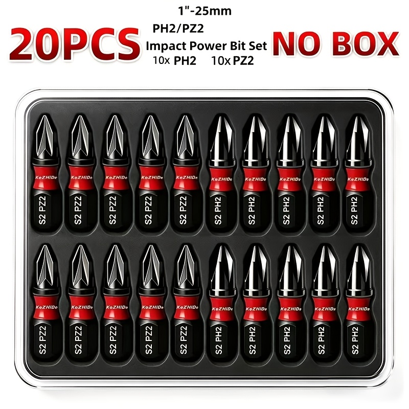 TEMU Kezhide 20pcs (10pcs Ph2 + 10pcs Pz2) S2 Impact Screwdriver Bit Set, 1-inch (25mm), Suitable For Renovation, Home, And Work, Packed In Opp Bag