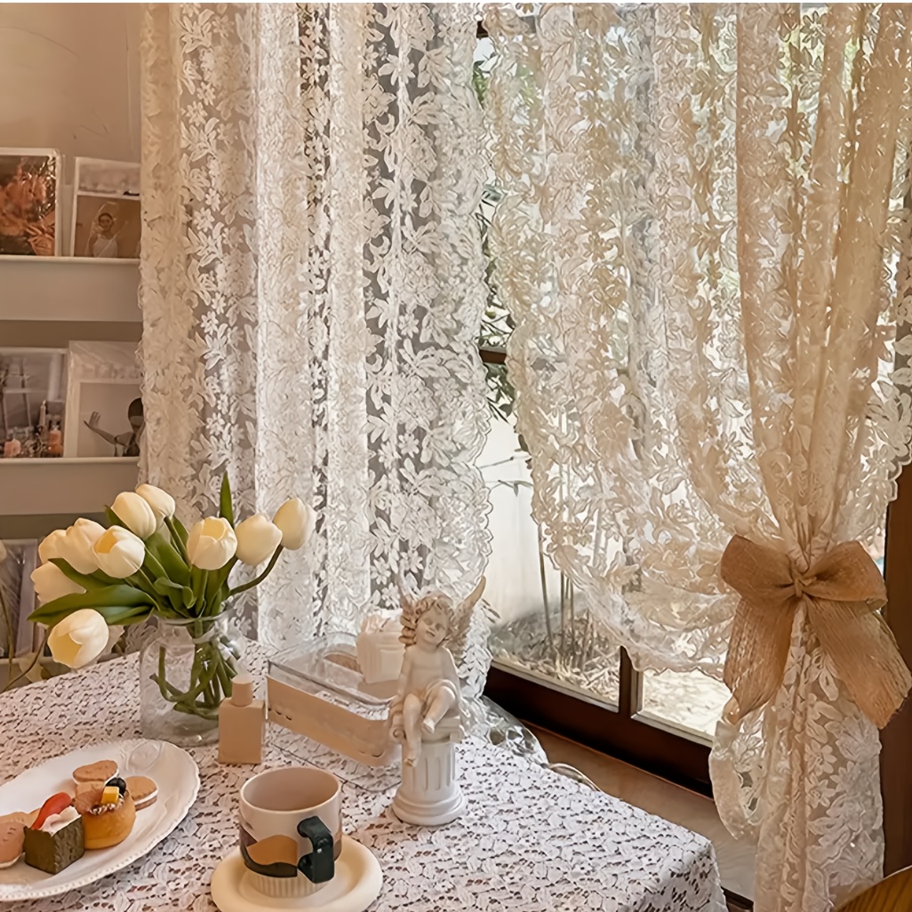 TEMU 1pc French Country Romantic Embroidery Sheer Curtain, Top Rod Hanging, Translucent Aesthetic Decorative Partition Curtain, Lightweight For