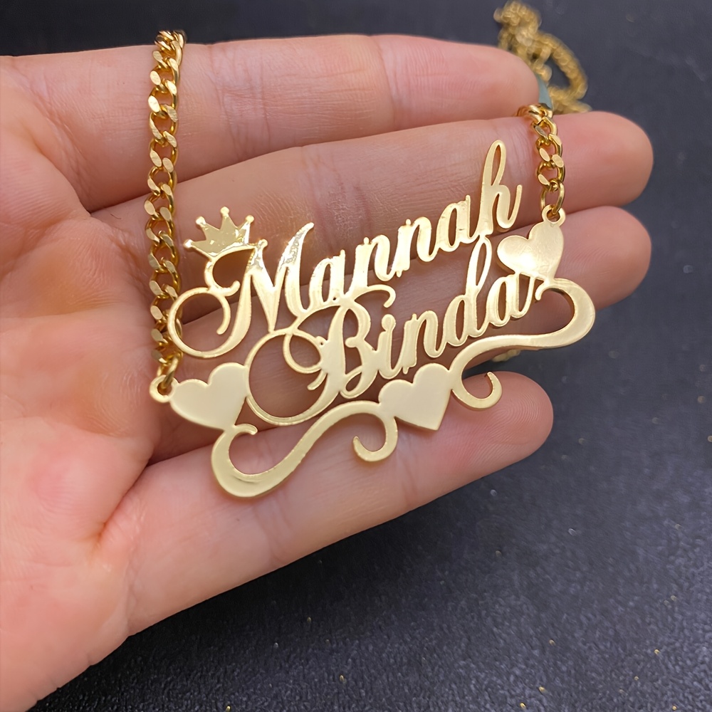 TEMU Personalized Stainless -2 Name Pendant Necklace, Double Layered Name Necklace, 4mm Chain Fashion Trendy Custom Jewelry, Unique Gift For Casual Attire