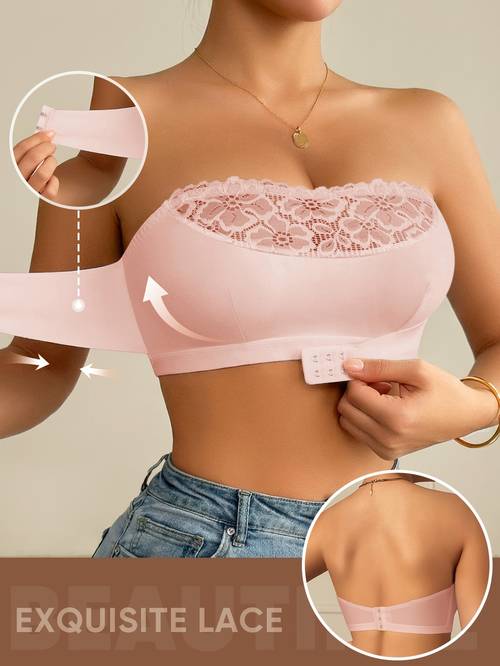 womens lace bandeau top front closure halter style non slip and adjustable back closure wireless bra summer cami top evening dress and beach vacation essential strapless bra