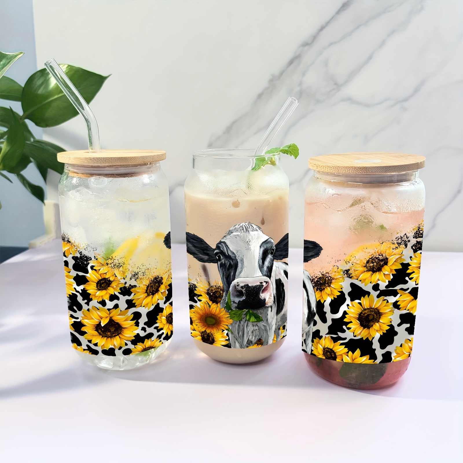 

Hand Wash Only 16oz Glass Cup With 3d Cow And Sunflower Print, Reusable Multipurpose Beverage Jar With Bamboo Lid And Straw For Iced Coffee, Juice, Birthday, Holiday, New Year Gift - Set Of 1