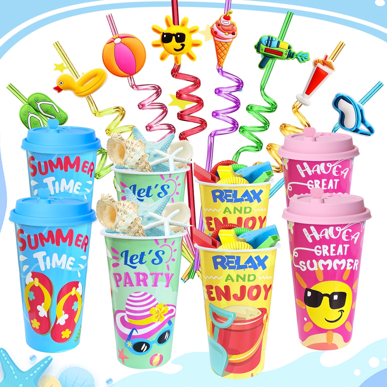 Image of 8 Cups Set Beach Themed Party Supplies Summer Swimming Pool Pack Cups For Hawaiian Party Birthday Decorations