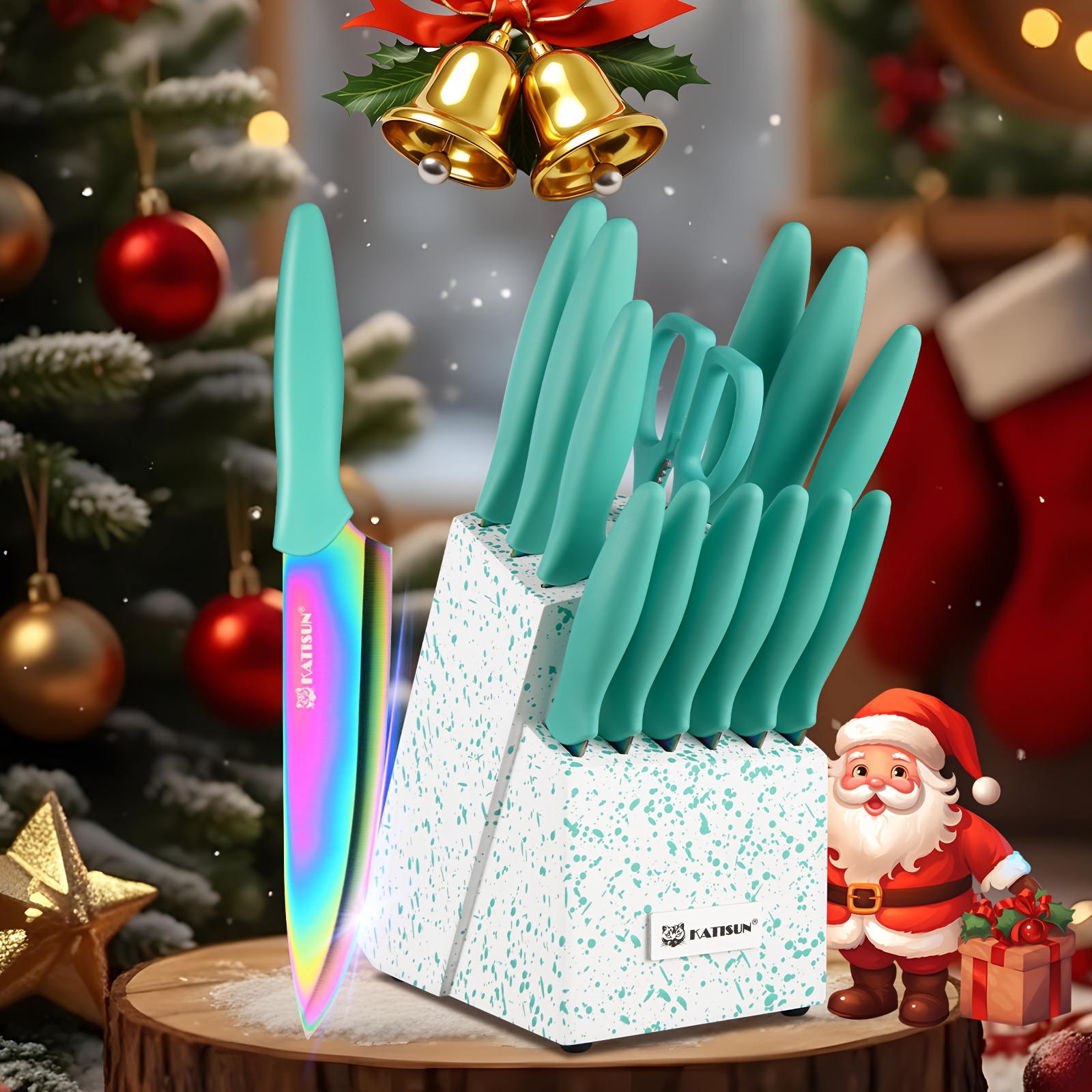 TEMU 14pcs High Carbon Stainless Steel Kitchen Knife Set, Titanium Coating Blade, And Cutlery Knife Set With Wooden Stand And Kitchen Scissors, For Family And Resaturant