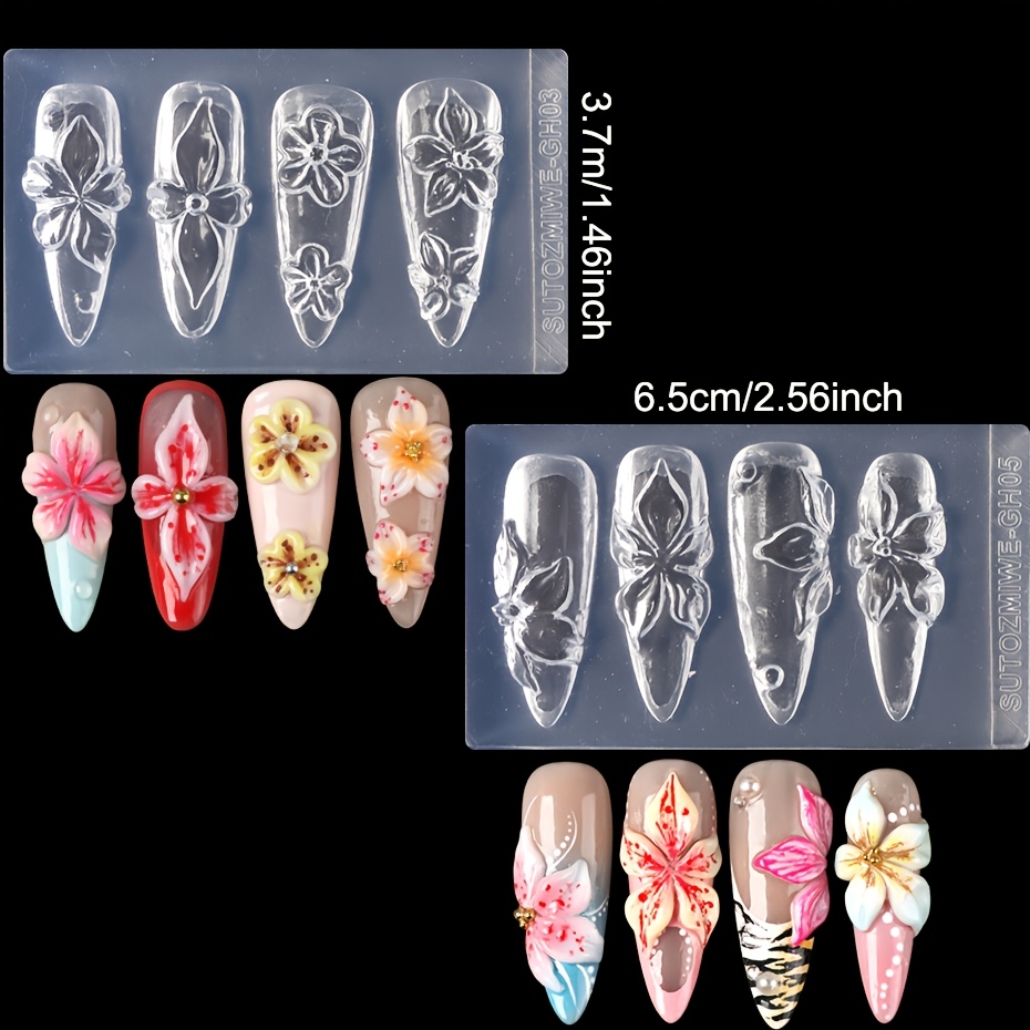 TEMU 2pcs Moules à Ongles en Silicone 3D et , Pochoir de Gabarit de Sculpture d'Ongles de Fleur de Pétale Sakura, Moule de Sculpture d'Ongles en