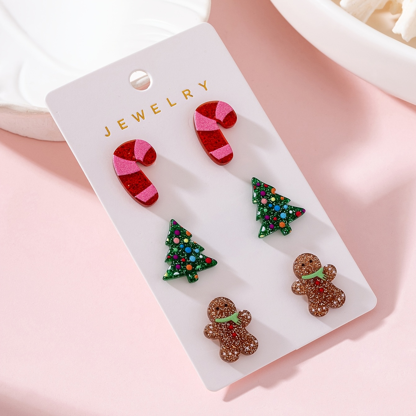 TEMU Juego de 3 pares de aretes de espárrago de joyería de moda para mujer con diseño de cetro navideño, árbol de Navidad y adorable, perfecto para