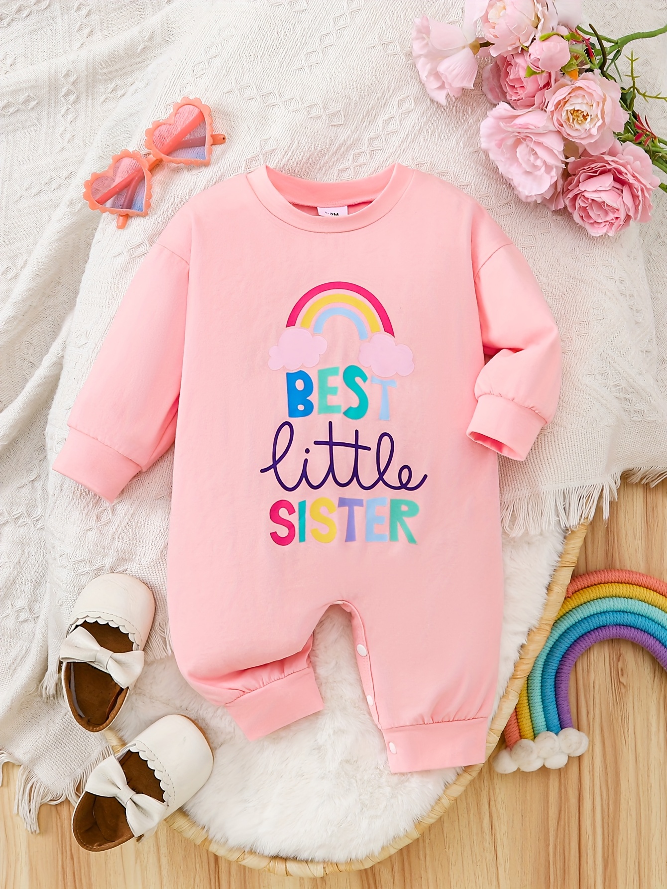 1pc girls   print long sleeve romper soft pink casual toddler jumpsuit with best little sister design loose fit long length for     outdoor 0
