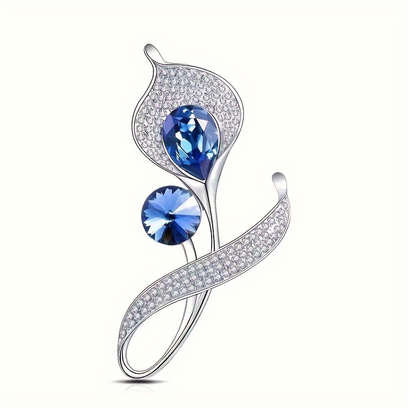 

1pc Elegant Blue Lotus Rhinestone Brooch For Women, Luxury Fashion Accessory For Suits And Coats, Horseshoe Floral Pin Jewelry