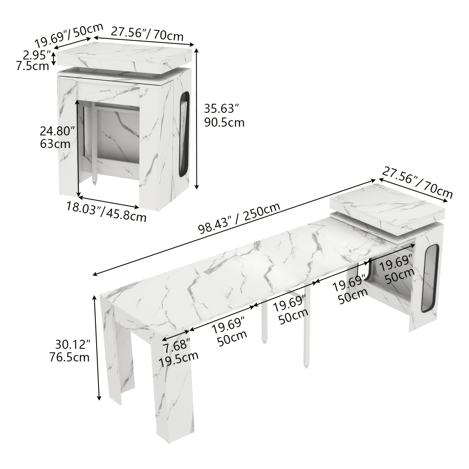 Extendable Dining Room Table with Charging Station & LED Lights, White Faux Marble Table, 19.7
