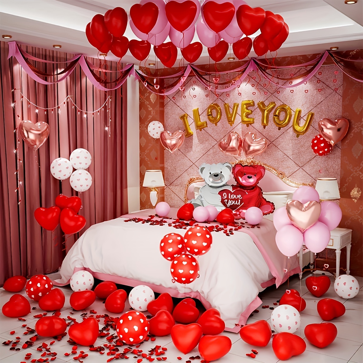 1061pcs Valentine's Day Balloons Set I Love You, Heart, Hug Love Bear, Love Print Balloons 1000pcs Simulation Rose Petals Valentine's Day Decoration Anniversary Proposal Romantic Decoration