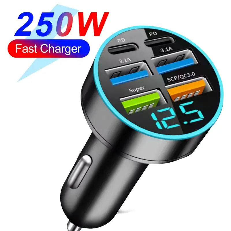 250w usb c type c car charger 6 ports super fast charging with voltage detection male to female connector car plug 36v operating voltage travel adapter for mobile phones details 1