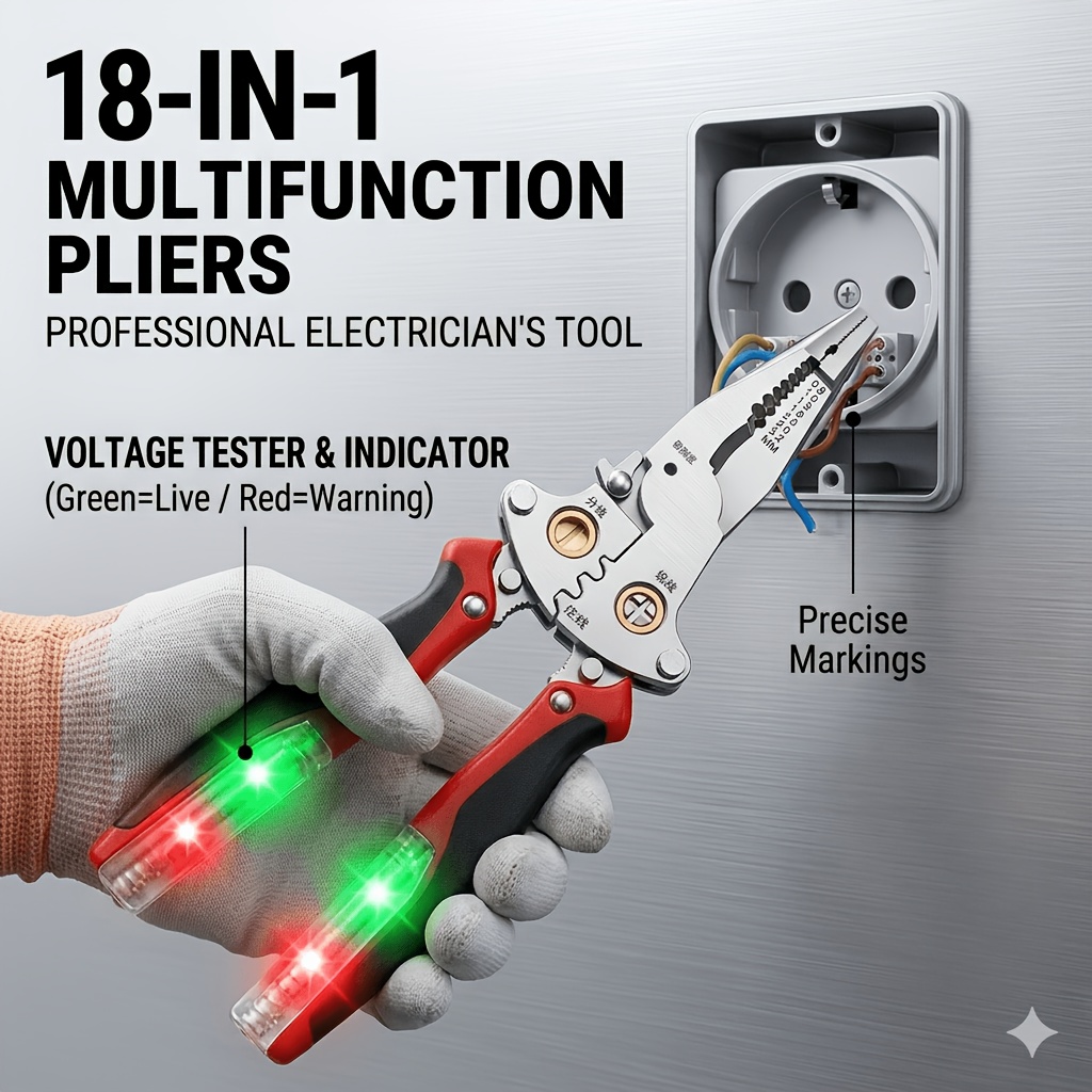 TEMU Upgraded 10" Heavy Duty 16-in-1 Wire Stripper With Non-contact Voltage Tester, Professional Electrical Pliers Including Dual Detachable Test