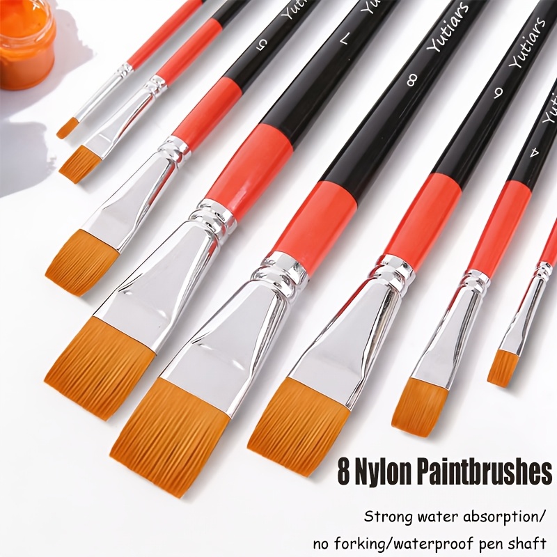 Orange/black Artist Brushes - 8pcs Nylon Flat Brush Set - Suitable For Acrylic And Watercolor Painting