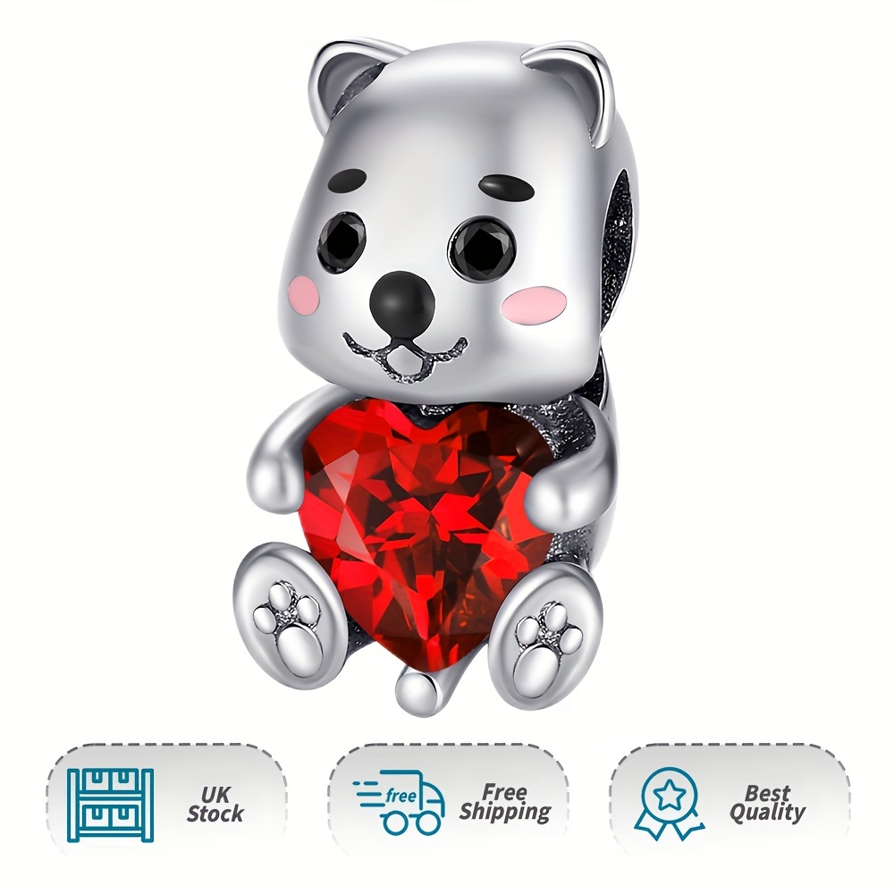 Baby Bear Red Heart Stone Charm 925 Sterling Silver Pendant
