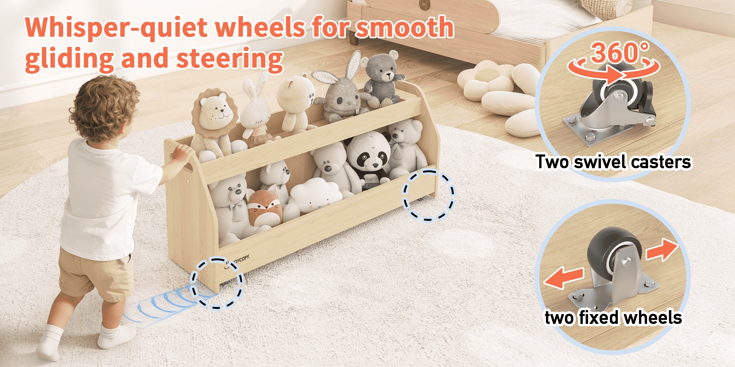 Triple Combination And Book Storage Organizer With Wheels - 5-tier Bookshelf + Mobile Storage Cart With Hidden Drawers, Space-saving Wooden Storage Cabinet, Suitable For Bedrooms, Playrooms, And Nurseries.