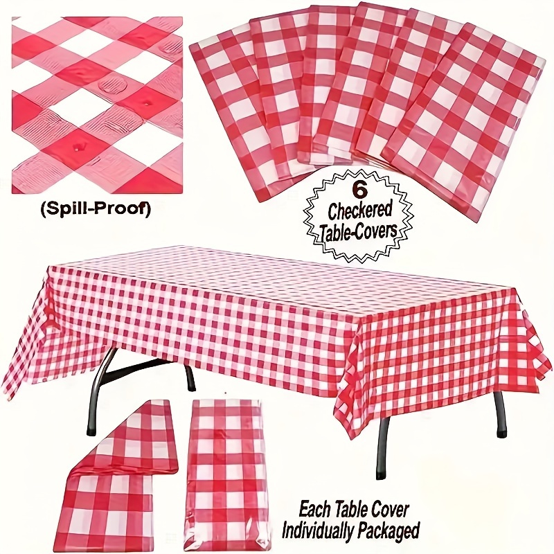 

6-pack Red Plaid Disposable Plastic Tablecloths - Spill-proof Checkered Table Covers For Wedding, Bridal Shower, Housewarming, Bachelor Party | Machine Made, Carnival Theme Party Essentials