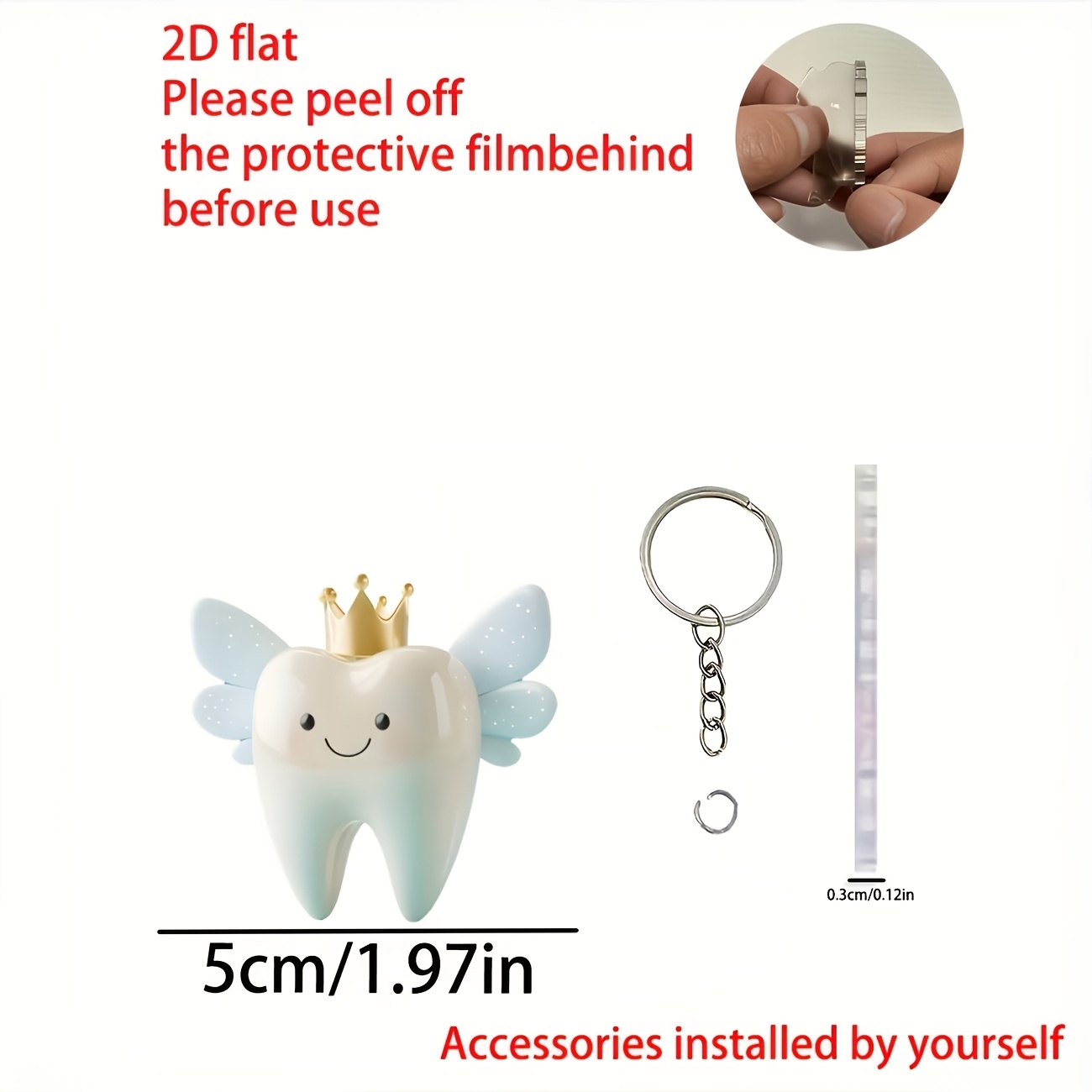 TEMU 2d Flat, 2d Flat 1pc Acrylic Keychain, Crown Tooth Key Ring, Suitable For Car Toothbrush Pendant, Backpack Charm, Student School Bag Accessory,