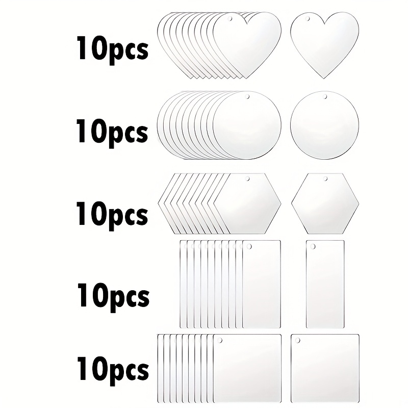 TEMU 50pcs, (10 Hearts, 10 Squares, 10 Circles, 10 , 10 Rectangles) Acrylic Blanks With Hole, Festival Pendants, Hanging Decorations, Clear Acrylic