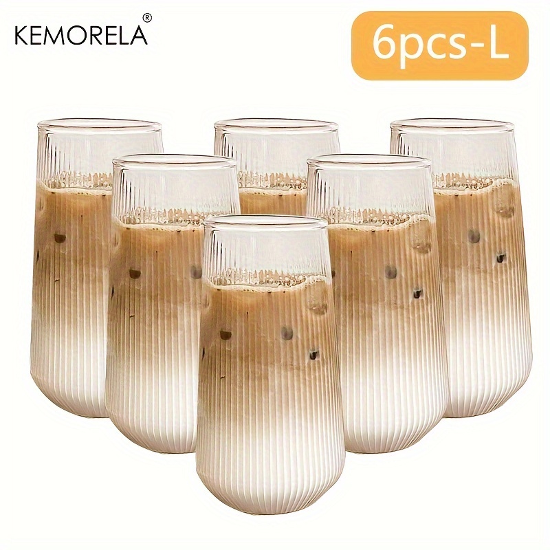 Kemorela 4/6pcs Vertical Striped Glass, 2 Models , Heat-resistant Glass Water Cup, Milk Cup, Juice Cup, Iced Coffee Cup, Beverage Cup, Drinking Ware