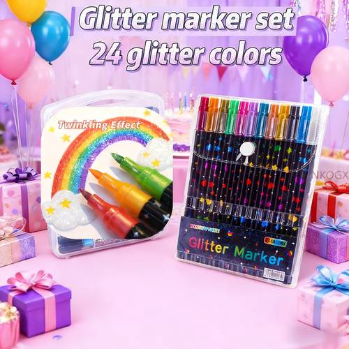 24 color dual tip glitter markers quick drying gel ink fine tip to base ideal for scrapbooking card making journaling painting plastic material