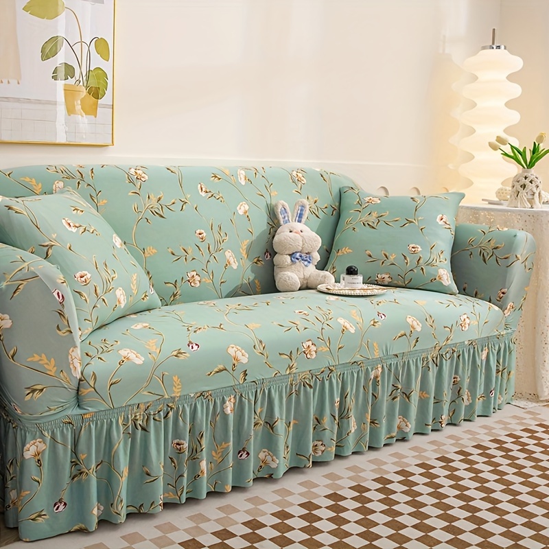 

Contemporary Floral Print Stretch Sofa Cover With Ruffles, Elastic Band Closure, Machine Washable, Slip-resistant Milk Fiber Fabric Slipcover For Armchair To 4-seater Sofas - Polyester & Spandex Blend