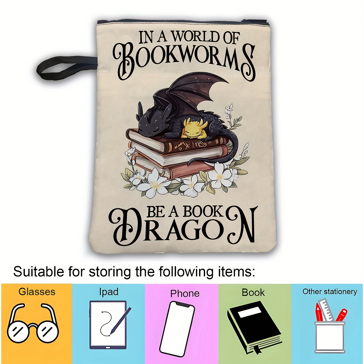 E-shop Buch Schutzhülle mit zusätzlichen und leichtgängigem Reißverschluss, mit einem inspirierenden Drachen-Cartoon, was sie zu einem idealen Geschenk