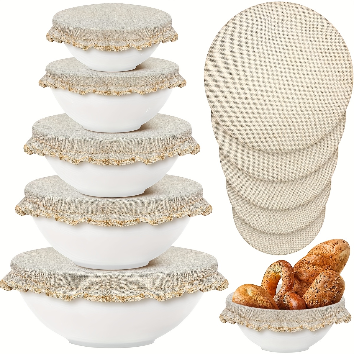 Image of Set Of 5 Reusable Fabric Bowl Covers - In White, Beige, And Brown With Decorative Ruffles - Elastic Edges For A On Fruits, Vegetables, Salads, - Perfect For Kitchen And Dining Room Decoration