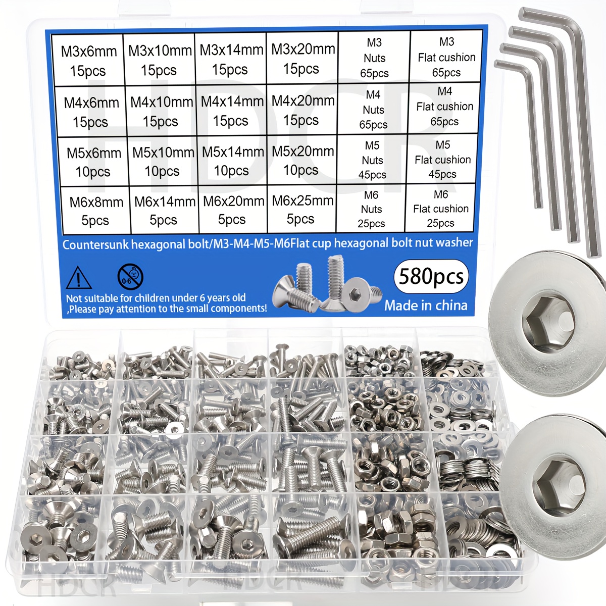580pcs Stainless Steel Hex Bolts/m3-m4-m5-m6/flat Cup Hex Bolts, Nuts, Washers - Countersunk Bolts - Screws/nut Combination Set