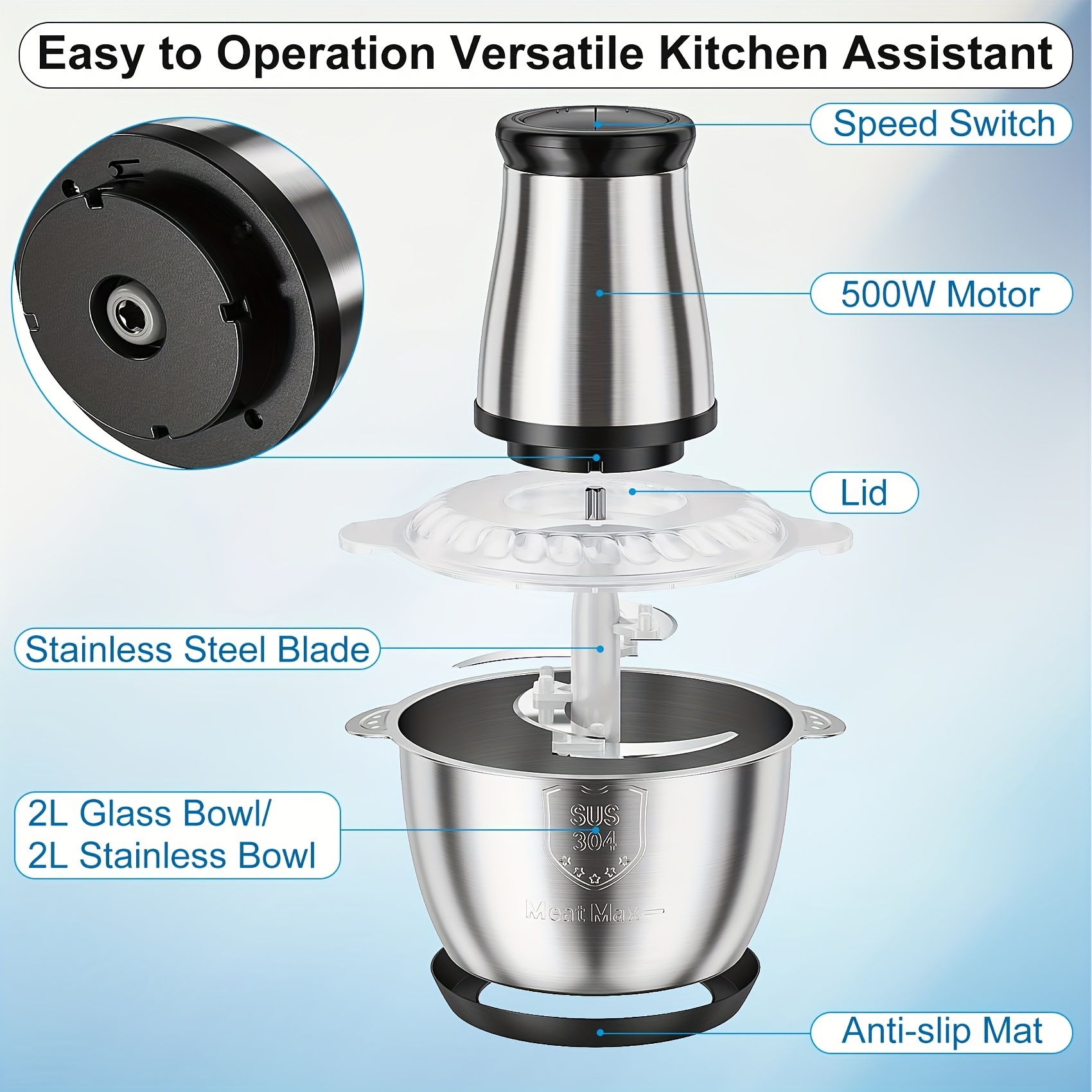 2 speed electric food processor and meat grinder with powerful motor heavy duty dual bowl system 8 cup glass stainless steel bowl safety lock blades for meat vegetables nuts dough ideal for home kitchen commercial use compact countertop design sharp blades Product details 1