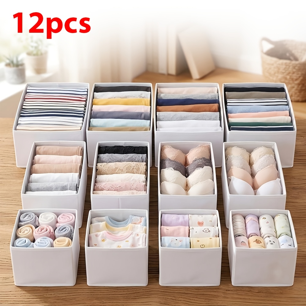 12pcs White And Gray Closet Organizer Set, Foldable Drawer Storage Bins For Clothes, Socks, Underwear And Accessories, Space Solution For Wardrobe, Dresser And Bedroom Organization