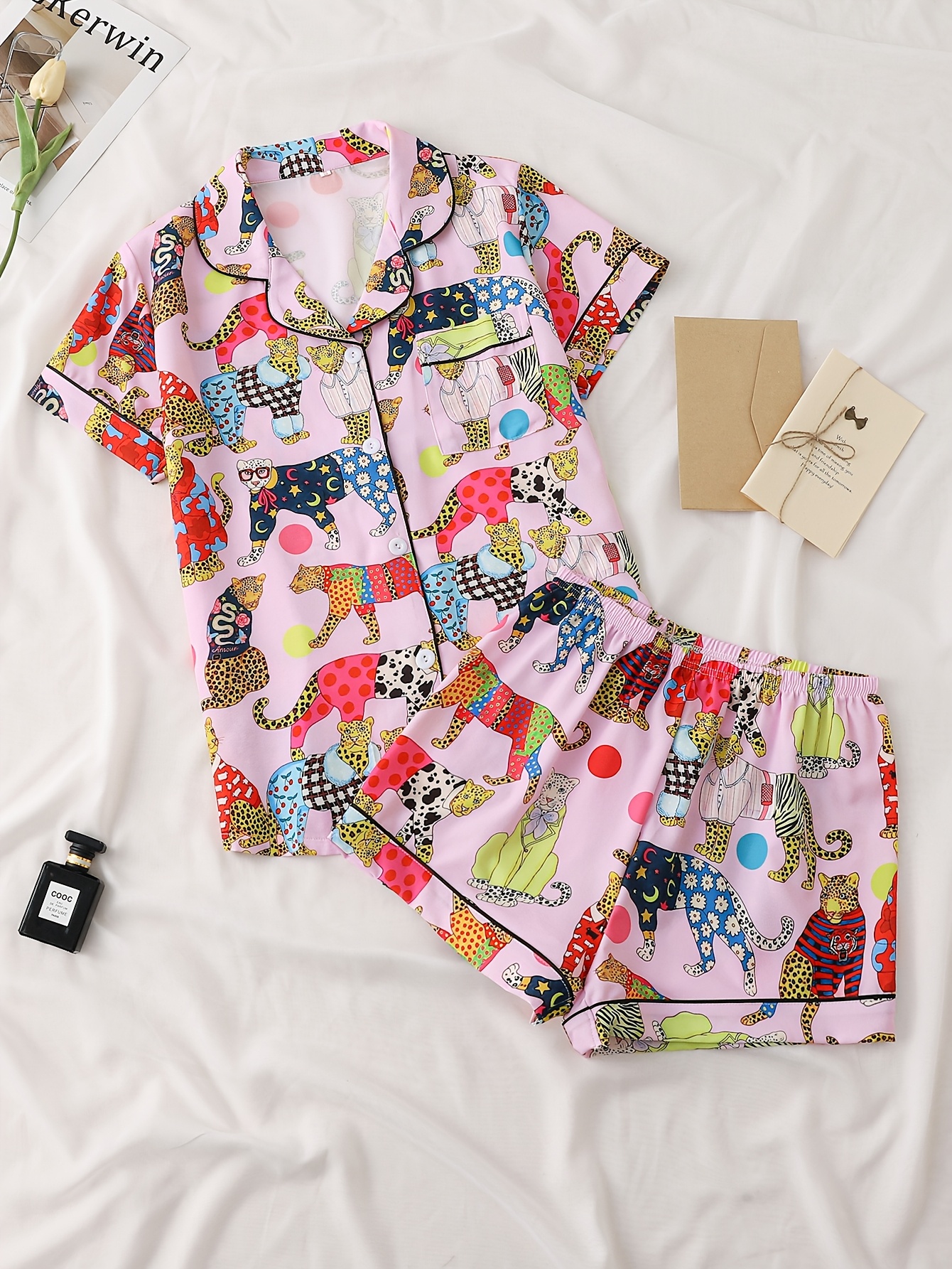 ladies two piece satin pajama set with colorful leopard pattern womens 2pcs short sleeved stand collar top   with shorts womens pajamas for   two piece womens set Product details 0