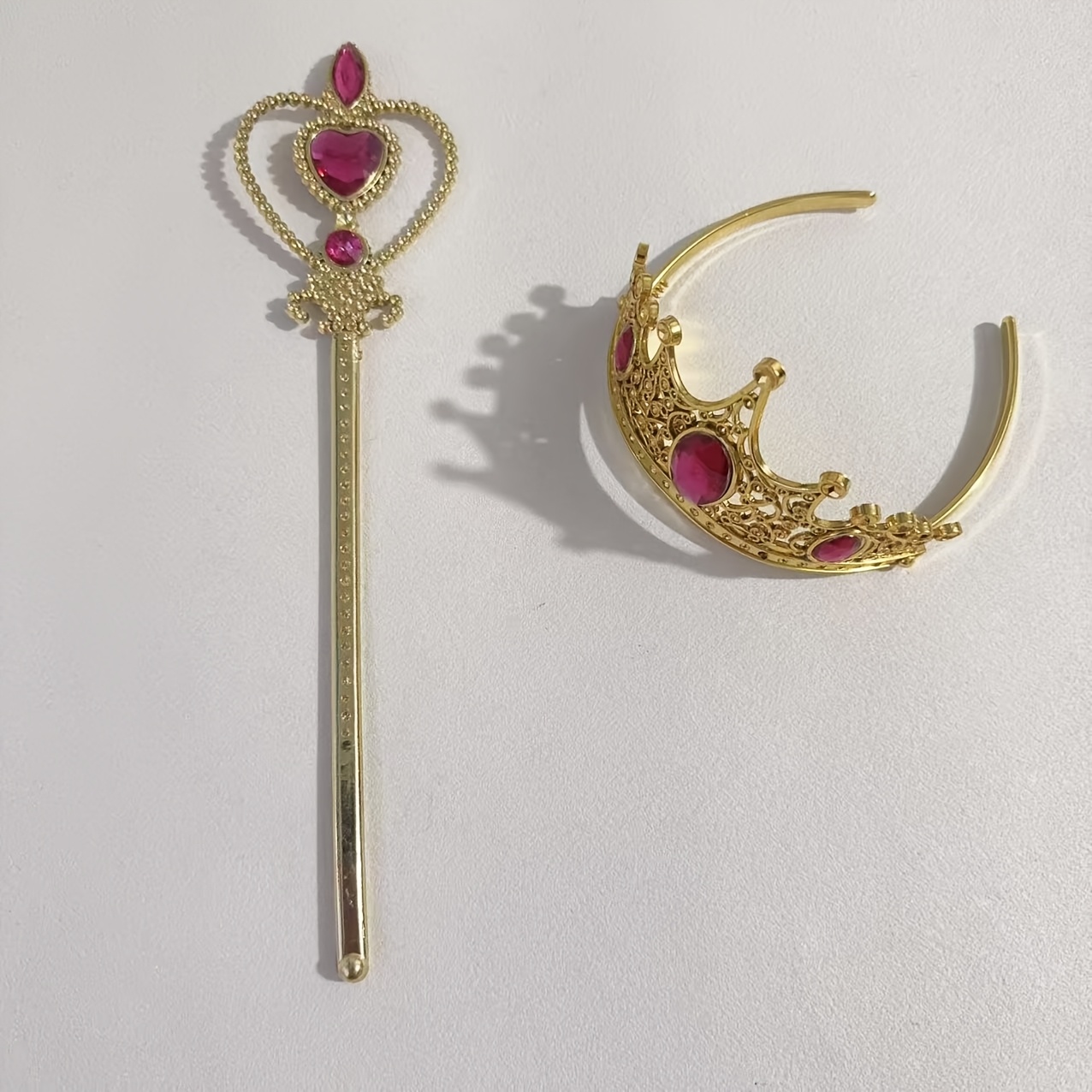 4pcs Golden Gemstone Crown Headband and Heart Magic Wand Set