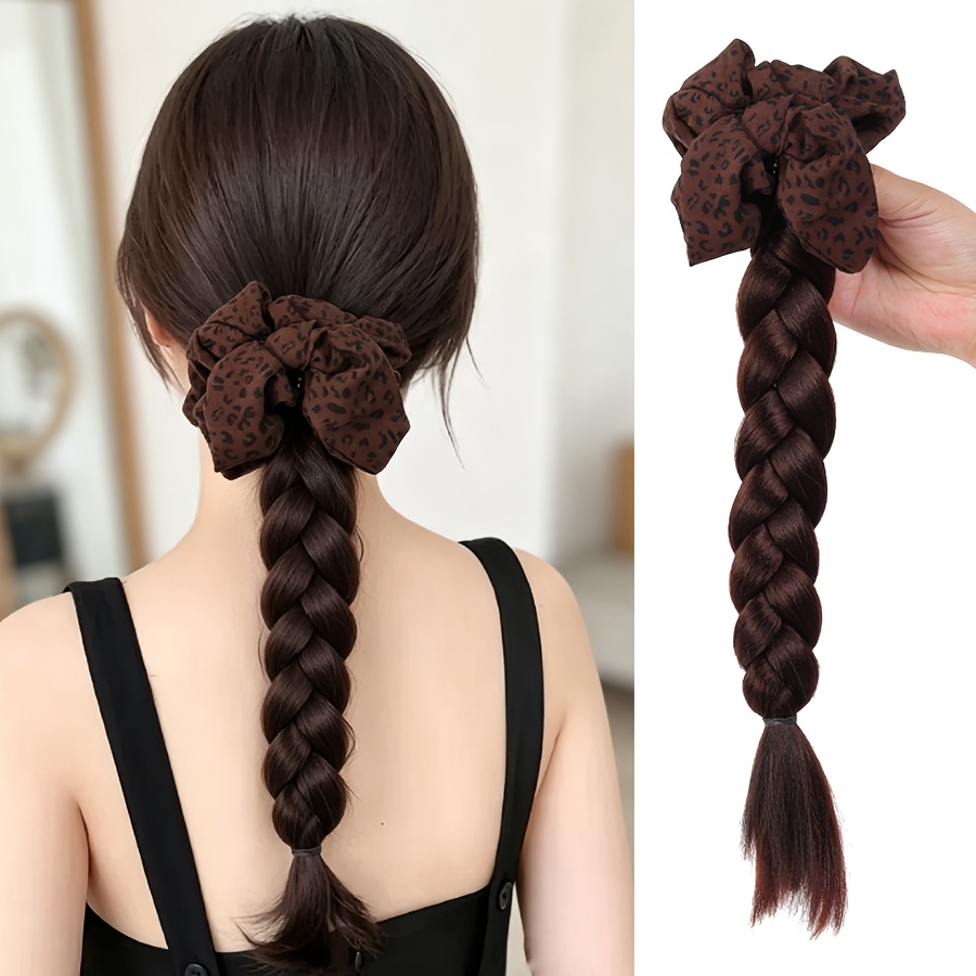 TEMU Leopard Print Scrunchie Bow Braided Ponytail Extensions For Women, Claw Clip Thick Long Braid Hairpiece, Synthetic Fake Ponytail, Hair Additions