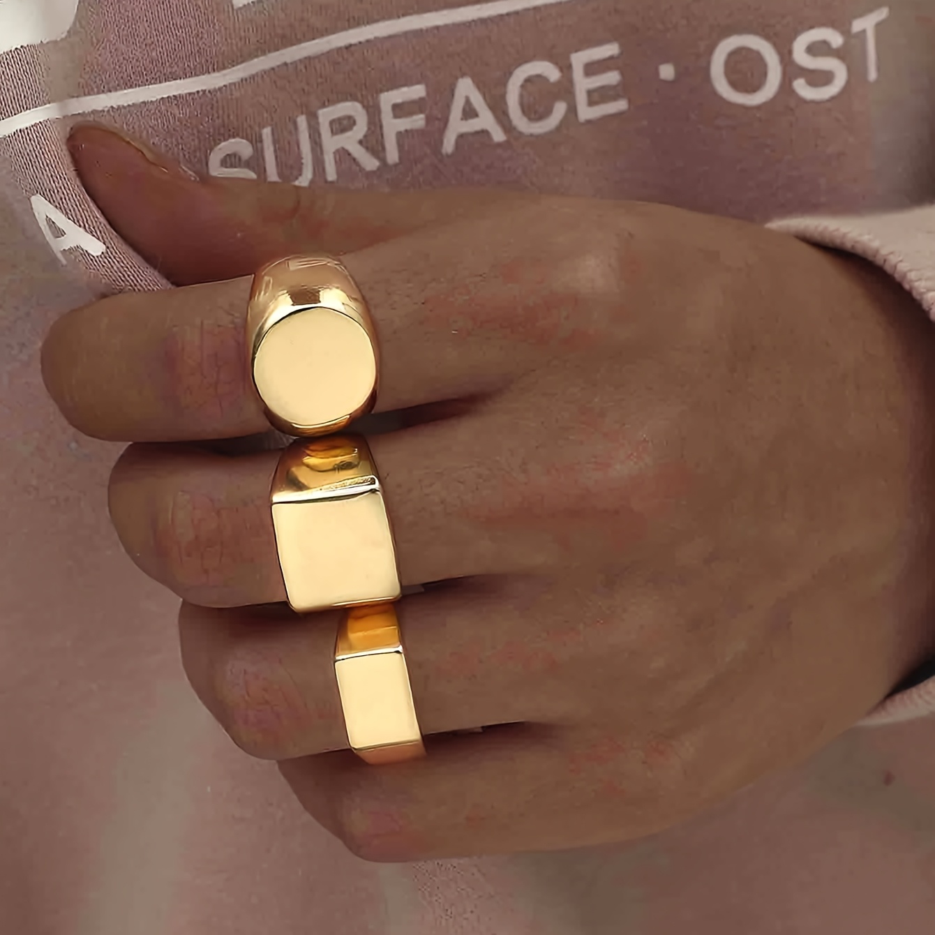 TEMU 3pcs Fashionable Geometric Glossy Ring Set