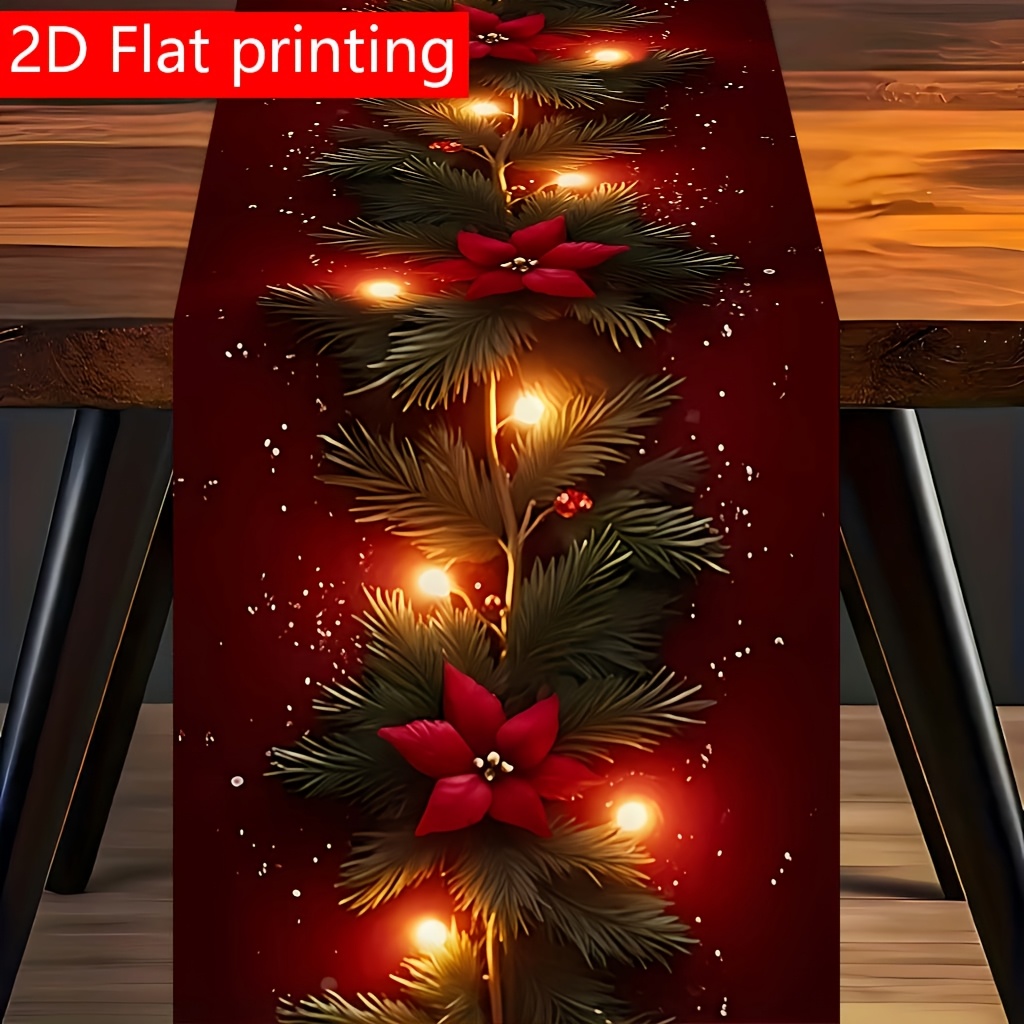 TEMU 1pc 2d Flat Wine Branch Warm Light String Lights Printed Table Runner, Vintage-style Christmas Snowflake Pine Needle Floral Rectangular Table