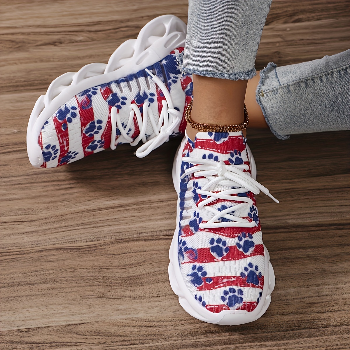 

Independence Day Women's Sneakers, Fashionable Casual Athletic Shoes, Stars & Stripes Breathable Mesh, Comfort Fit With Durable Sole, Suitable For Sports & Daily Wear