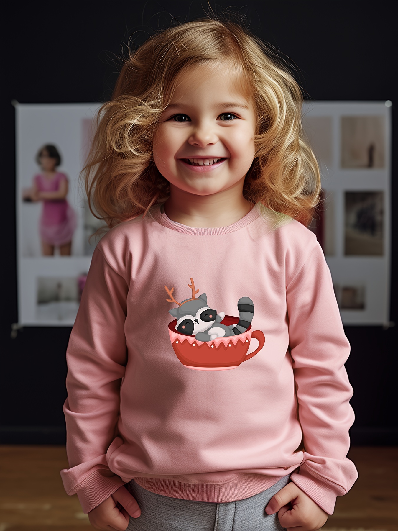Raccoon Print Sweatshirt Kids Graphic Crew Neck Pullover Sweatshirt