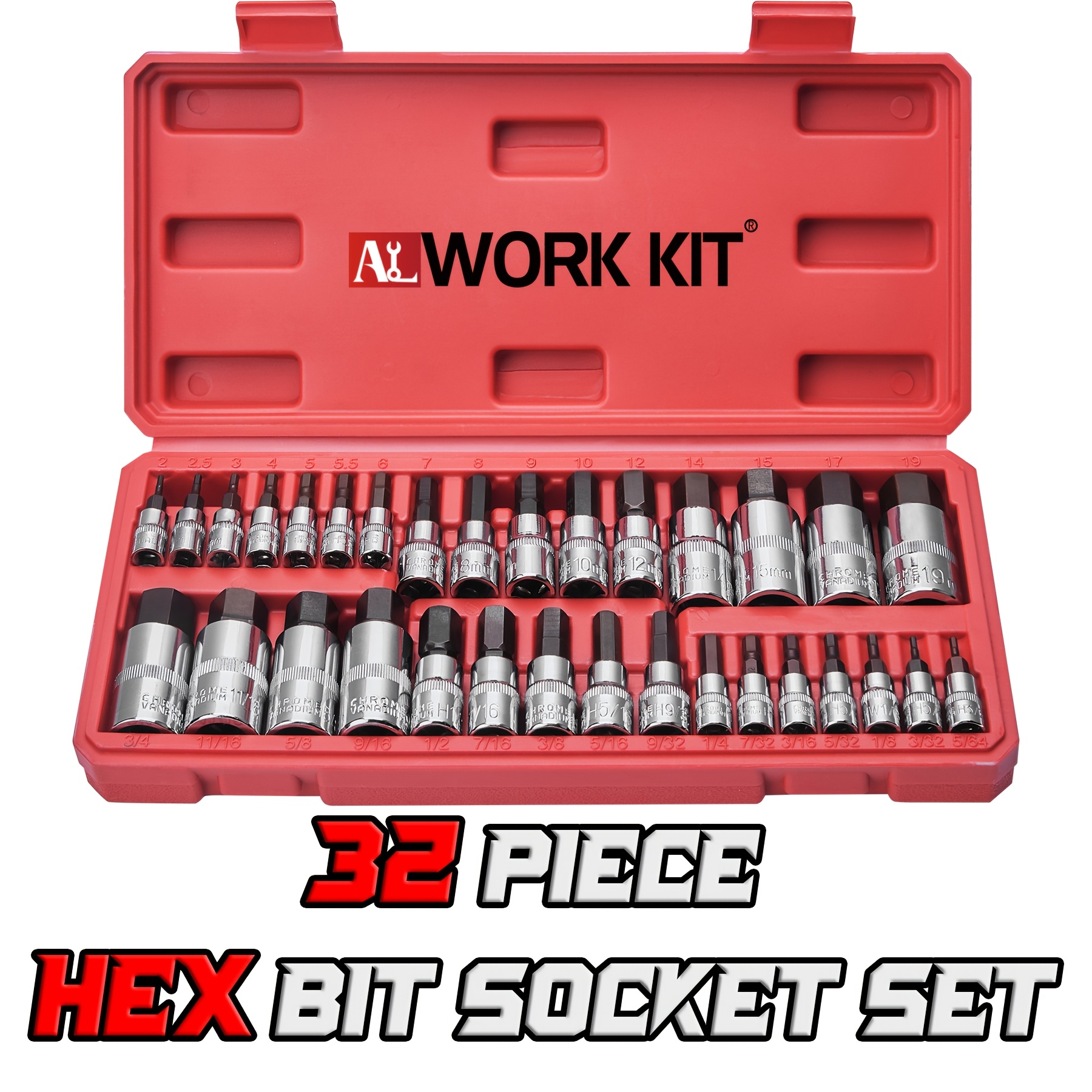 

32pcs Alworkkit Hex Bit Socket Set, Sae & Metric Sizes, 1/4", 3/8", 1/2" Drive, S2 & Cr-, Alternative To Hex Wrenches, With Manual And Ratchet Handles, For Ideal Gift For Father's Day And Holidays