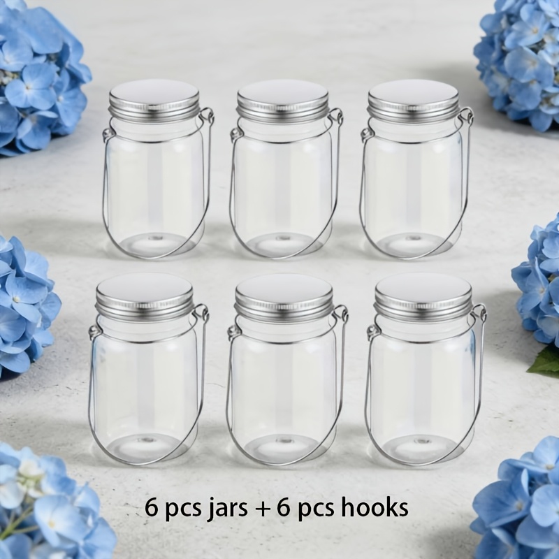 Image of 12pcs Mixed Pack, Plastic Jar Set With Hooks, Includes 6pcs Bottles And 6pcs Lids, Hanging Decorative Jars, Outdoor Porch Ambiance Hanging Ornaments, Home Vase Ornaments